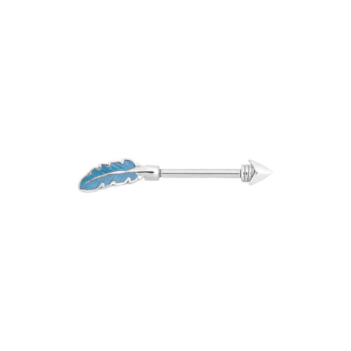 Silberner Barbell mit blauem Federdesign auf weißem Hintergrund