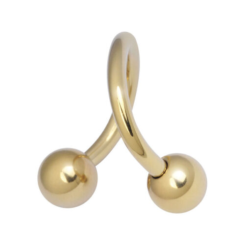 Goldene Bodyspirale aus Titan mit zwei Kugeln, glänzend auf weißem Hintergrund