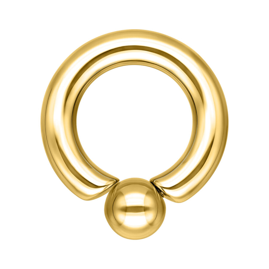 Goldener Titan-Piercingring mit Kugel, 10mm Stärke, auf weißem Hintergrund