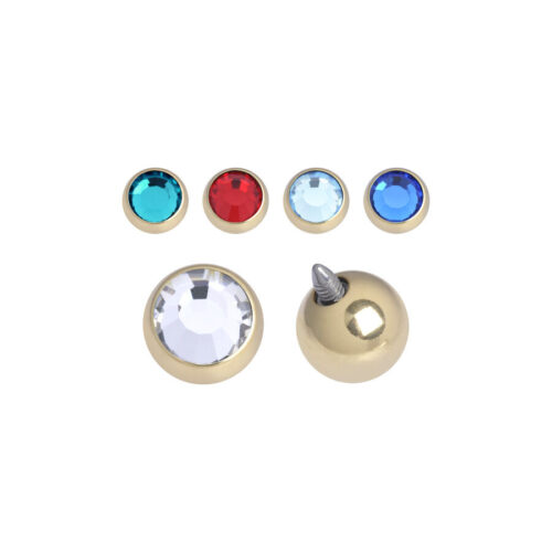 Goldener Aufsatz für Piercings mit Zirkonkristallen in Blau, Rot und Weiß