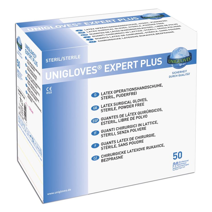 Unigloves Expert Plus Handschuhe, Weiß, 50 Stück Verpackung von Unigloves Expert Plus, weiße Latexhandschuhe, 50 Stück