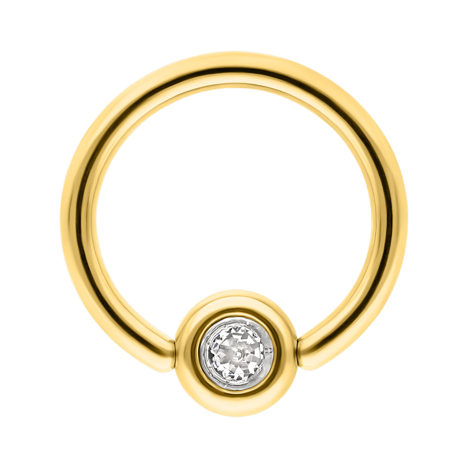 Goldener Clip in Ring mit Kristallklarer Perle Goldener Clip in Ring mit kristallklarem Schmuckstein auf weißem Hintergrund