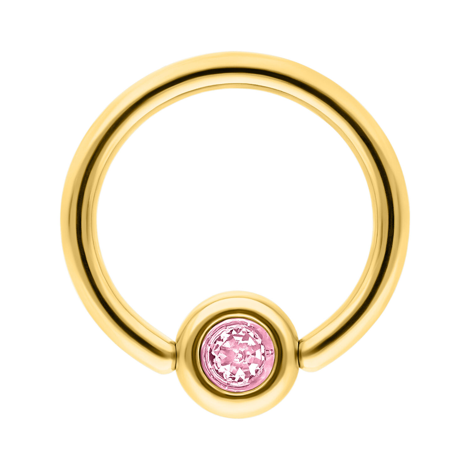 Goldener Clip in Ring mit rosa Kristall Goldener Piercing-Ring mit rosa Kristall auf weißem Hintergrund