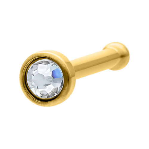 Goldener Nasenstecker aus Titan mit kristallklarem Stein auf weißem Hintergrund
