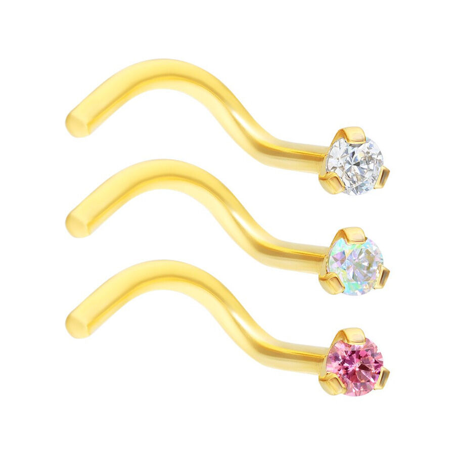 Goldene Nasenstecker mit Kristallen Drei goldene Nasenstecker mit klaren, Aurora Boreale und rosa Kristallen auf weißem Hintergrund