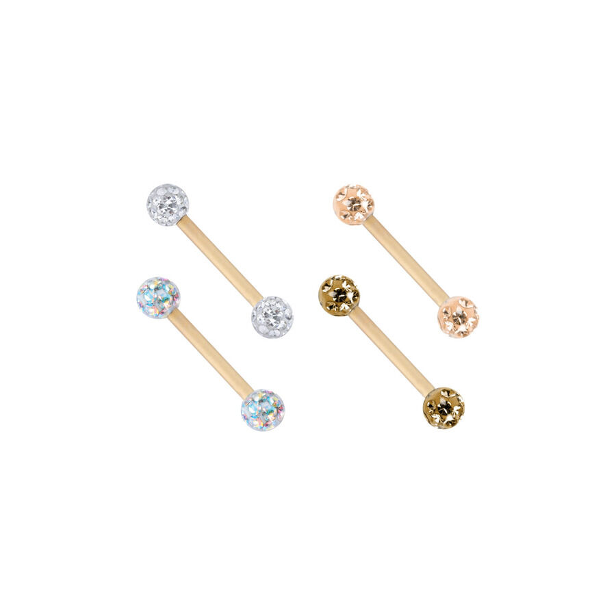 Goldene Titan-Piercings mit Kristallen Vier goldene Piercings mit verschiedenen Kristallfarben auf weißem Hintergrund