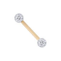 Goldenes Titan-Piercing mit Kristallkugeln Goldenes Titan-Piercing mit zwei kristallklaren Kugeln auf weißem Hintergrund