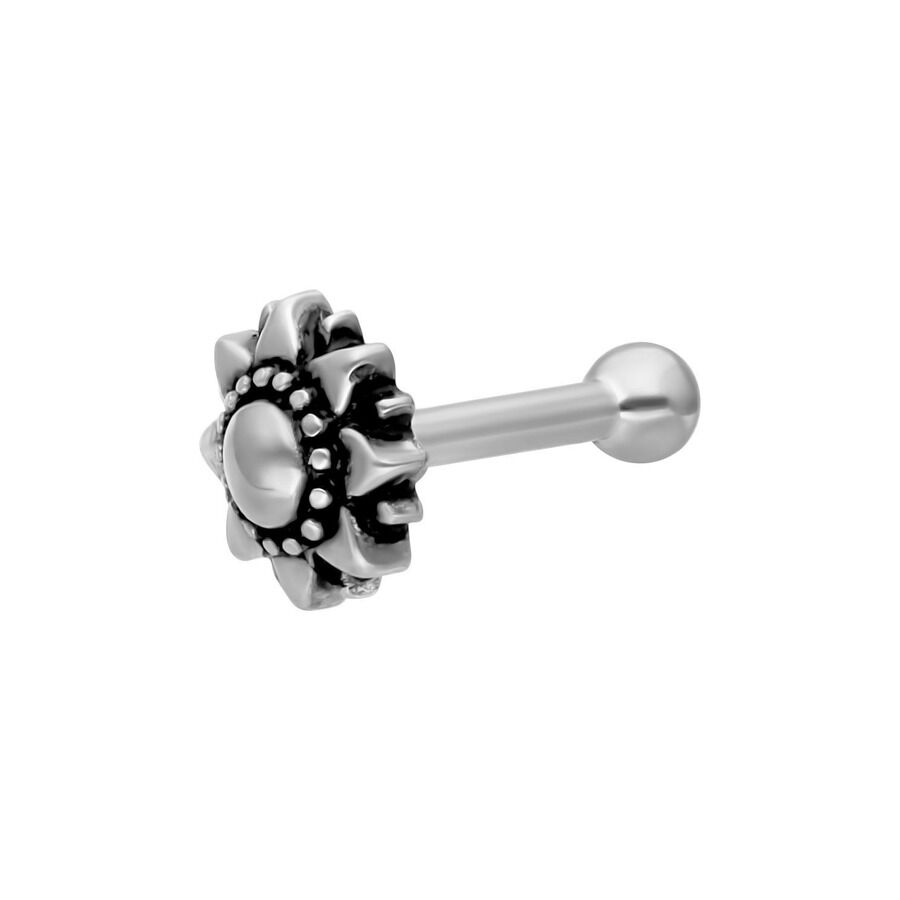 Silbernes Sonnenblumen Ohr Barbell Piercing Silbernes Barbell Piercing mit Sonnenblumen-Design auf weißem Hintergrund