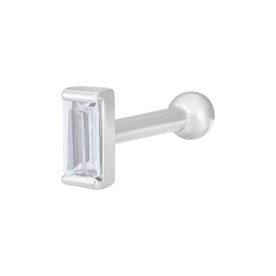 Baguette Earbarbell aus Silber mit Kristall Silberner Baguette Earbarbell mit kristallklarem Stein auf weißem Hintergrund