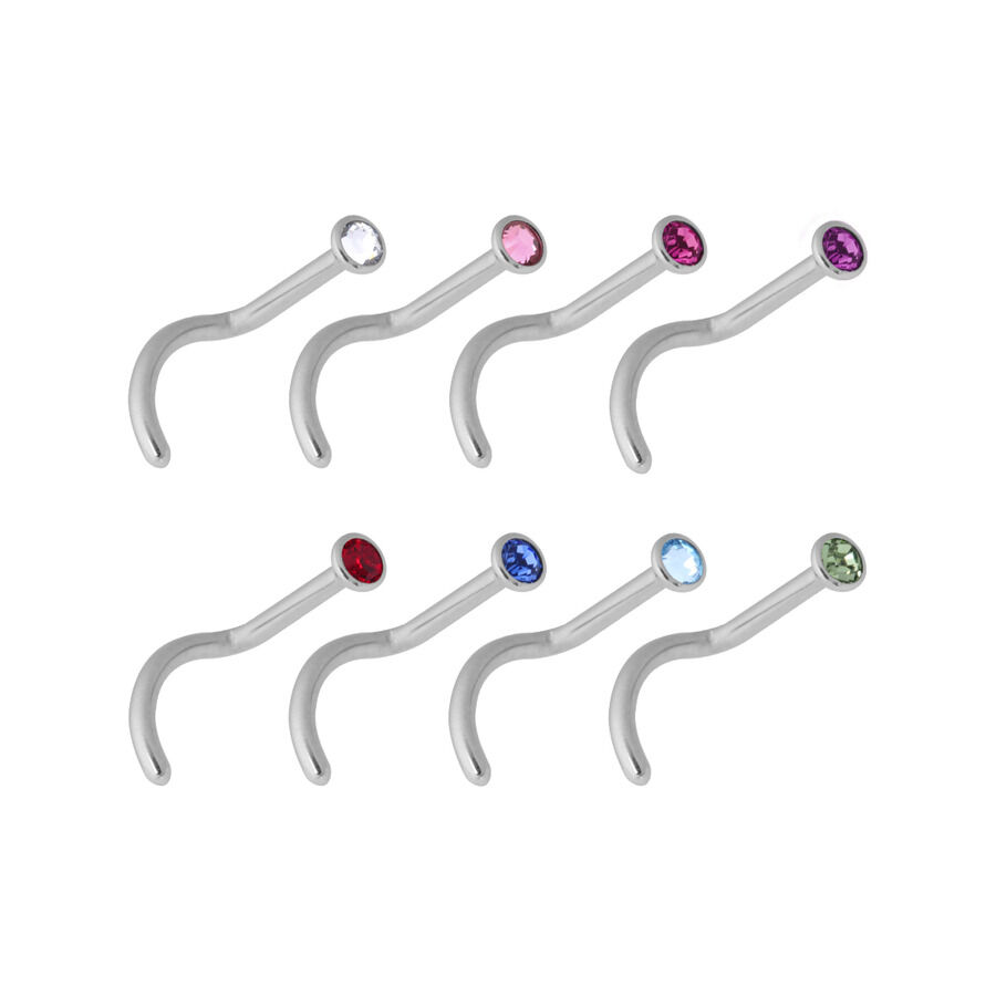 Nasenstecker aus Chirurgenstahl mit Kristallen Acht silberne Nasenstecker mit bunten Kristallen auf weißem Hintergrund