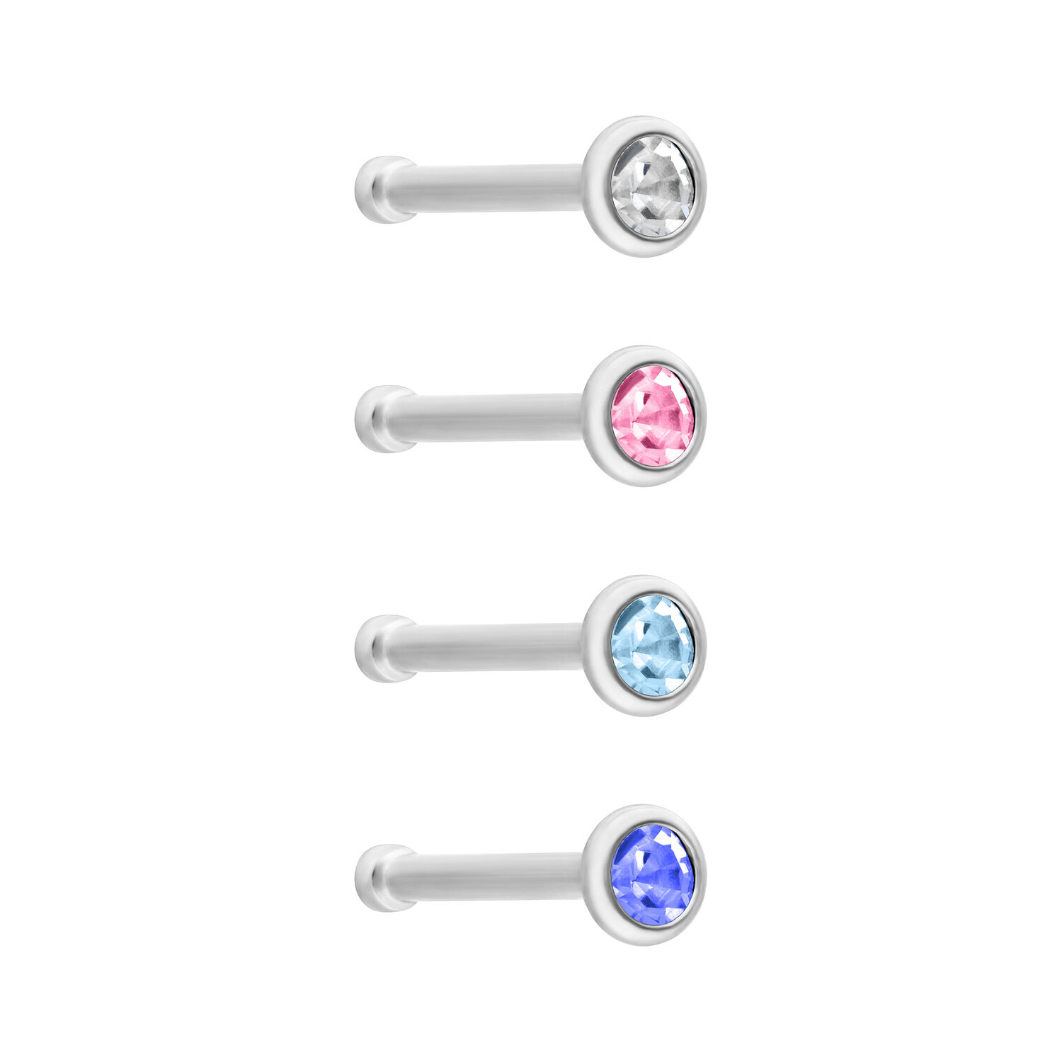 Nasenstecker mit Kristall in vier Farben Silberner Nasenstecker mit klaren, pinken, hellblauen und dunkelblauen Kristallen auf weißem Hintergrund