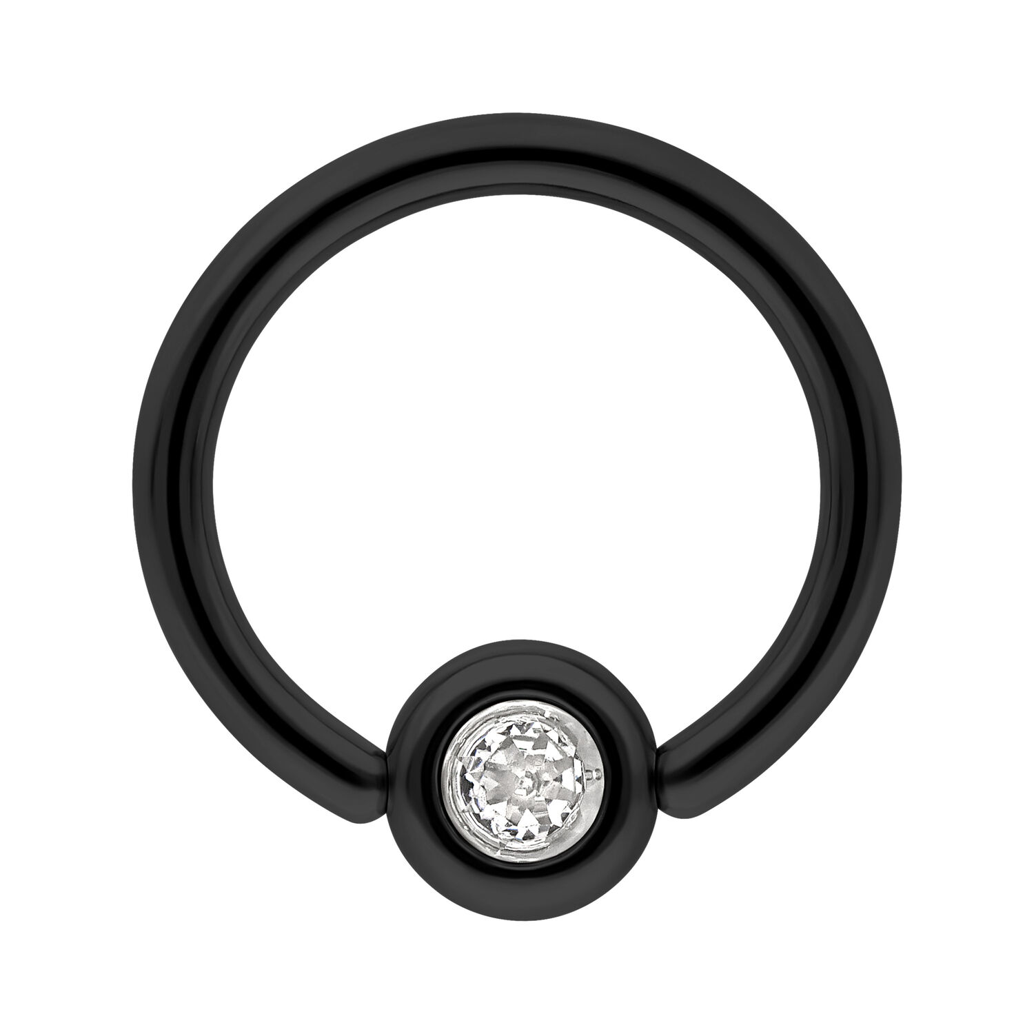 Schwarzer Titan Clip in Ring mit klarem Kristall Schwarzer Titanring mit klarem Kristall auf weißem Hintergrund