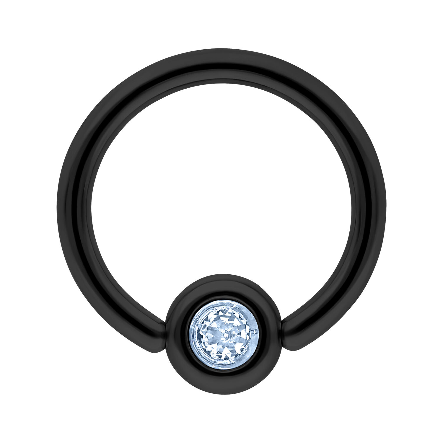 Schwarzer Titan-Ring mit hellblauem Kristall Schwarzer Clip in Ring aus Titan mit hellblauem Kristall auf weißem Hintergrund