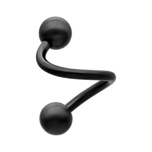 Schwarze Bodyspirale aus Titan mit zwei Kugeln auf weißem Hintergrund