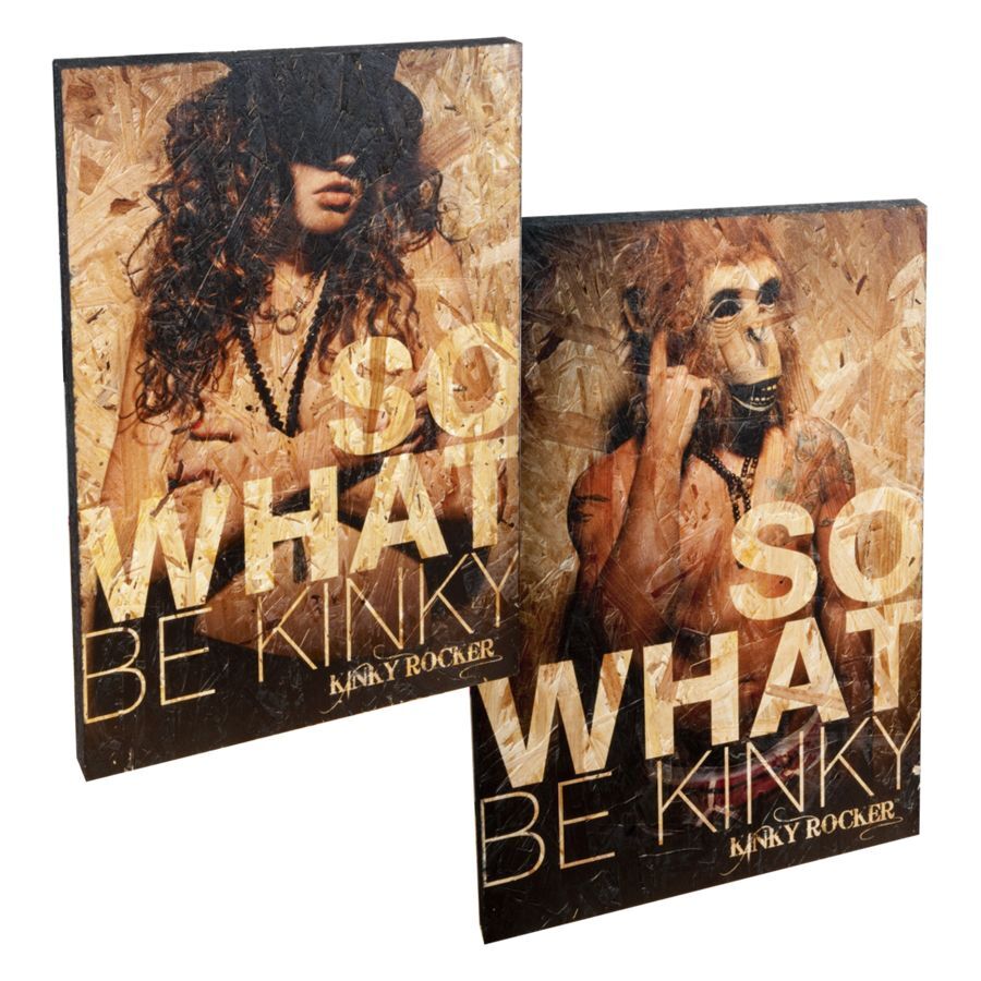 Holzschild mit frechem Kinky Rocker Design Holzschild im Kinky Rocker Stil, brauner Hintergrund, freches Design