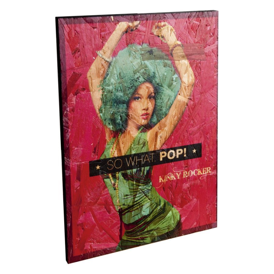Buntes Holzschild KINKY POP im Retro-Look Holzschild mit grün gekleideter Frau und Schriftzug 'SO WHAT. POP!' auf rotem Hintergrund