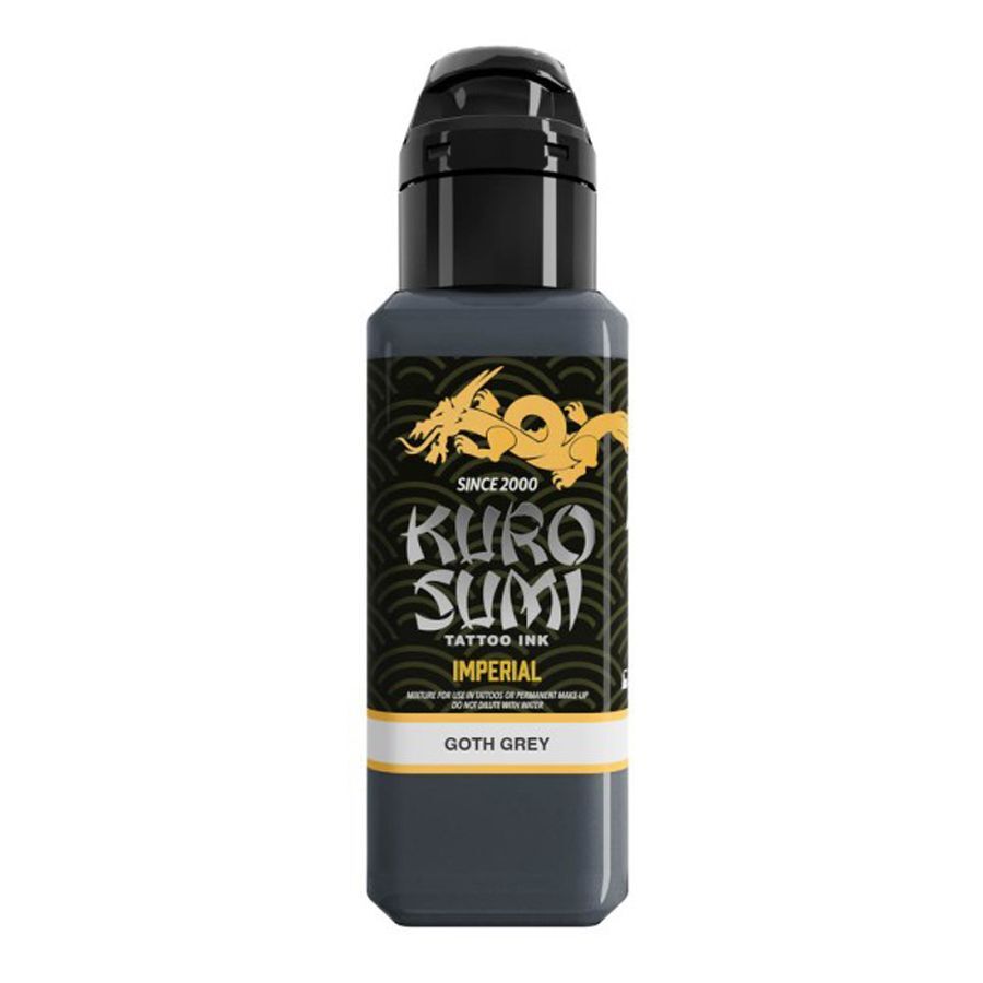 Kuro Sumi Tattoo Tinte Goth Grey 44ml Flasche Kuro Sumi Tattoo Tinte in Goth Grey auf weißem Hintergrund