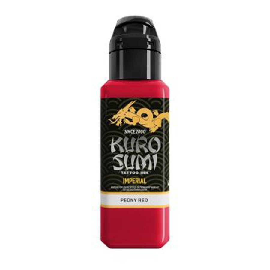 Kuro Sumi Peony Red Tattoofarbe 44ml Rote Tattoofarbe in Flasche mit schwarzem Deckel auf weißem Hintergrund