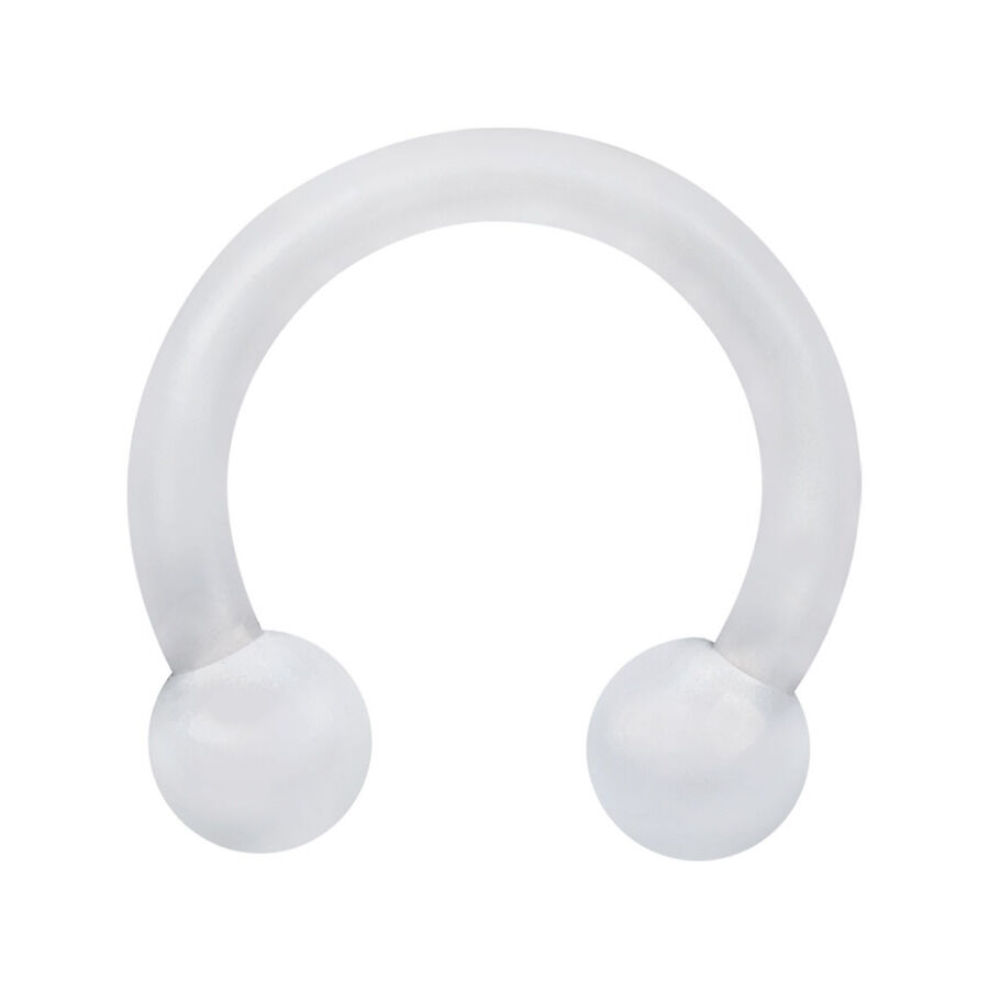 Klarer Circular Barbell aus Bioplast Transparenter Circular Barbell aus Bioplast mit Kugeln auf weißem Hintergrund