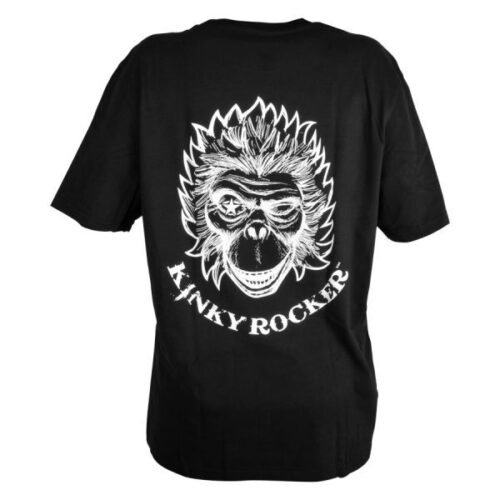 Schwarzes T-Shirt aus Baumwolle mit weißem Affenmotiv und 'Kinky Rocker' Schriftzug auf der Rückseite