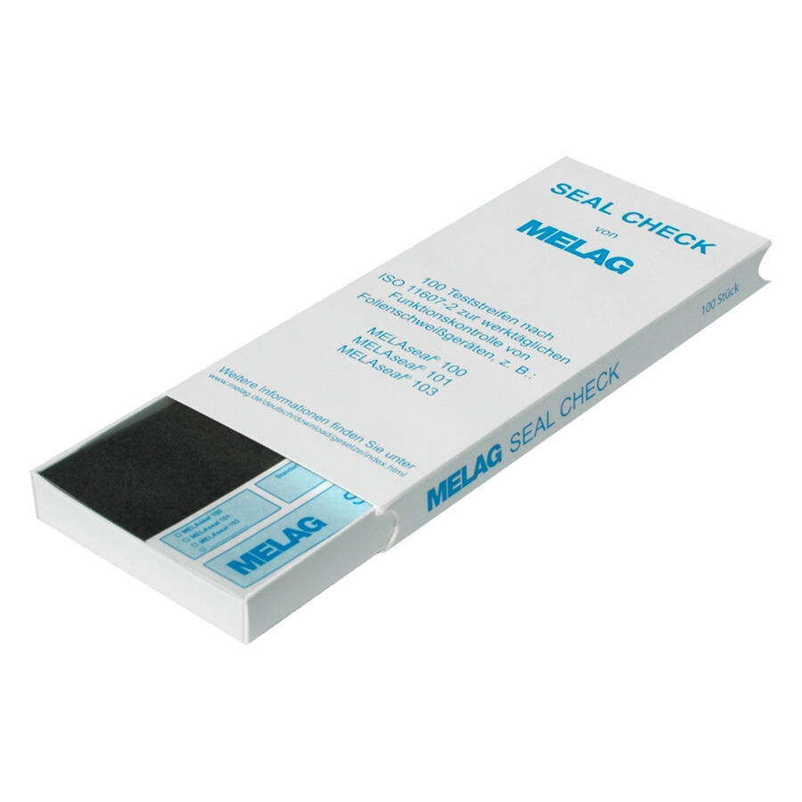 Seal Check Box von Melag, 100 Stück Weiße Seal Check Box von Melag mit 100 Teststreifen auf hellem Hintergrund