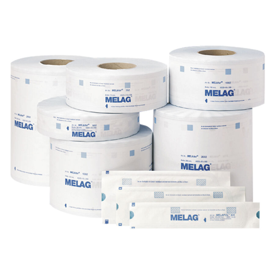 Sterilisationsverpackung Melag Set Weißes Sterilisationsverpackungsset von Melag auf neutralem Hintergrund