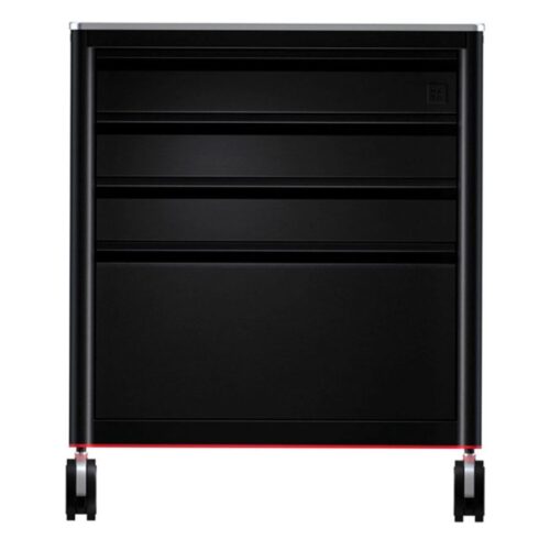 Schwarze Tattoo Workstation 2.0 aus Aluminium mit Rollen auf weißem Hintergrund