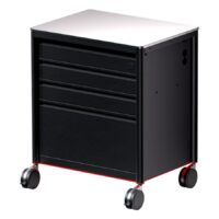 Meta Tattoo Workstation 2.0 in Schwarz Schwarze Tattoo Workstation aus Aluminium mit Rollen auf weißem Hintergrund