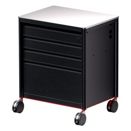 Schwarze Tattoo Workstation aus Aluminium mit Rollen auf weißem Hintergrund
