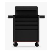 Schwarze Tattoo Workstation Ultimate 2.0 Schwarze Tattoo Workstation aus Aluminium mit Rollen auf weißem Hintergrund