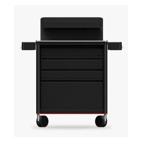 Schwarze Tattoo Workstation aus Aluminium mit Rollen auf weißem Hintergrund