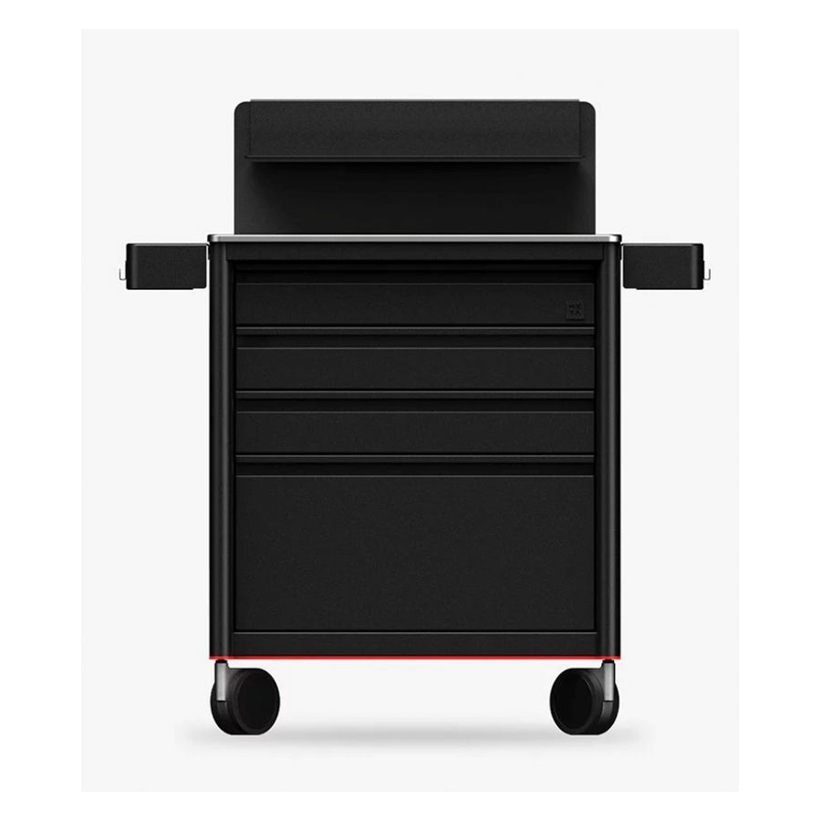 Schwarze Tattoo Workstation Ultimate 2.0 Schwarze Tattoo Workstation aus Aluminium mit Rollen auf weißem Hintergrund