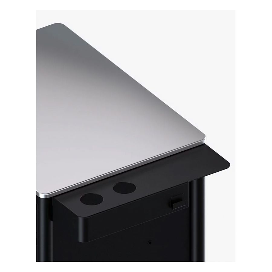 Meta Tattoo Workstation Ultimate 2.0 in Schwarz Schwarze Tattoo-Workstation aus Aluminium mit flacher Oberfläche auf weißem Hintergrund