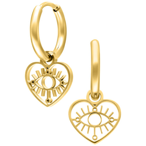 Zwei goldene Creolen mit Herzanhänger und Augendesign auf weißem Hintergrund