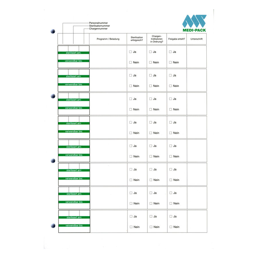 Medi Pack Dokumentationsblock mit Tabellen Dokumentationsblock mit grünen und weißen Tabellen auf weißem Hintergrund