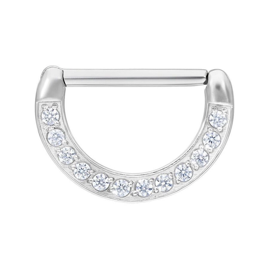 Silberner Nipple Clicker mit klaren Kristallen Silberner Nipple Clicker mit kristallklaren Steinen auf weißem Hintergrund