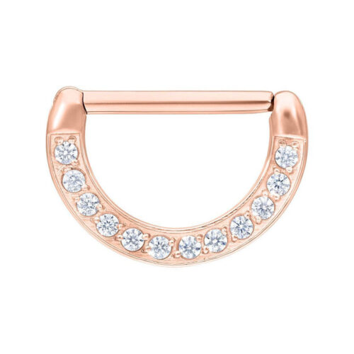 Roségoldener Nipple Clicker aus Chirurgenstahl mit klaren Kristallen auf weißem Hintergrund