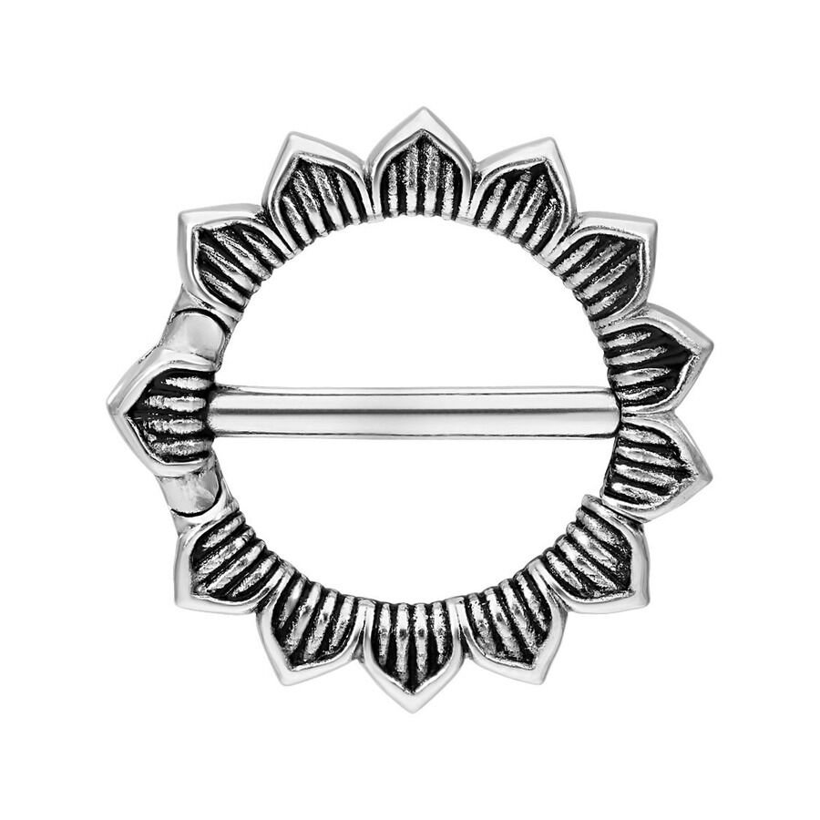 Blumen Nipple Clicker aus Chirurgenstahl Silberner Nipple Clicker in Blumenform auf weißem Hintergrund