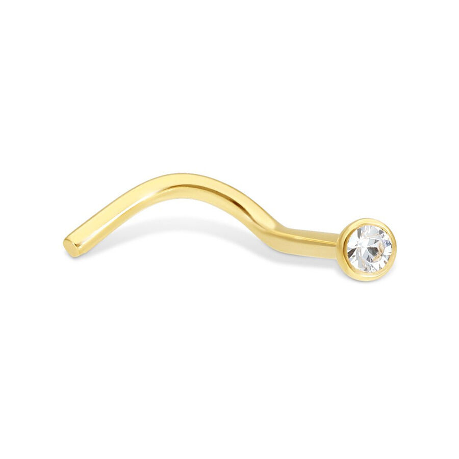 18k Nasenstecker mit Kristall aus Gold Goldener Nasenstecker mit klarem Kristall auf weißem Hintergrund