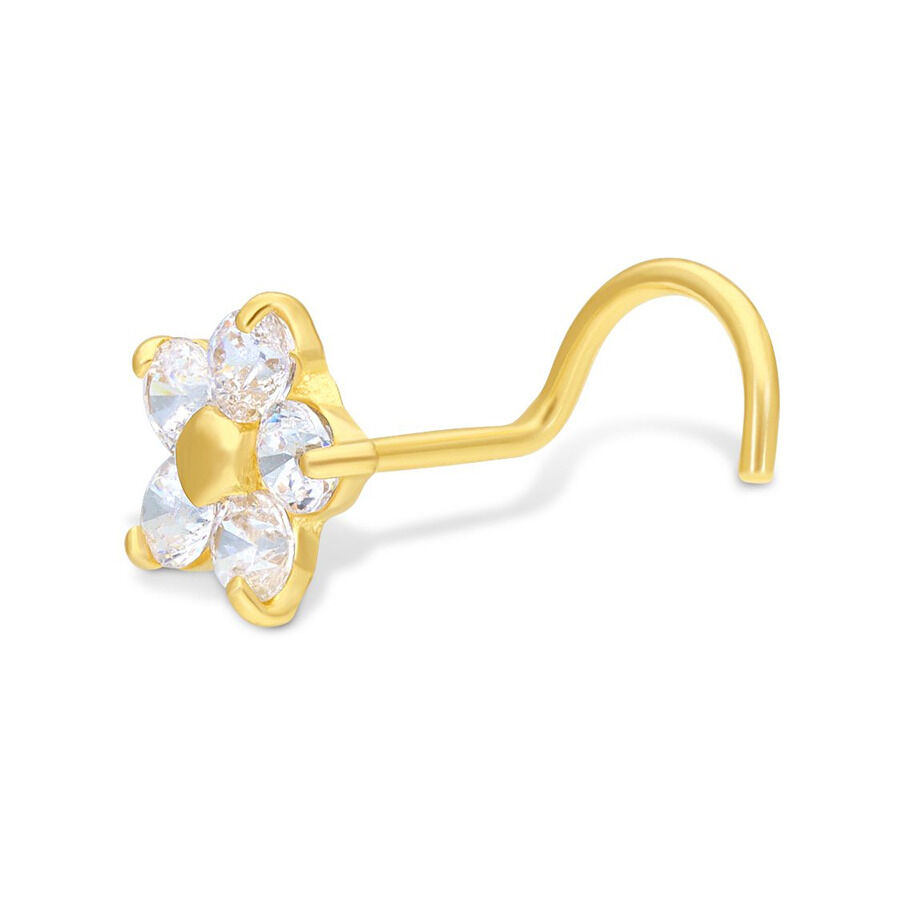 18K Gold Nasenstecker mit Kristallblume Goldener Nasenstecker mit klaren Kristallen in Blumenform auf weißem Hintergrund