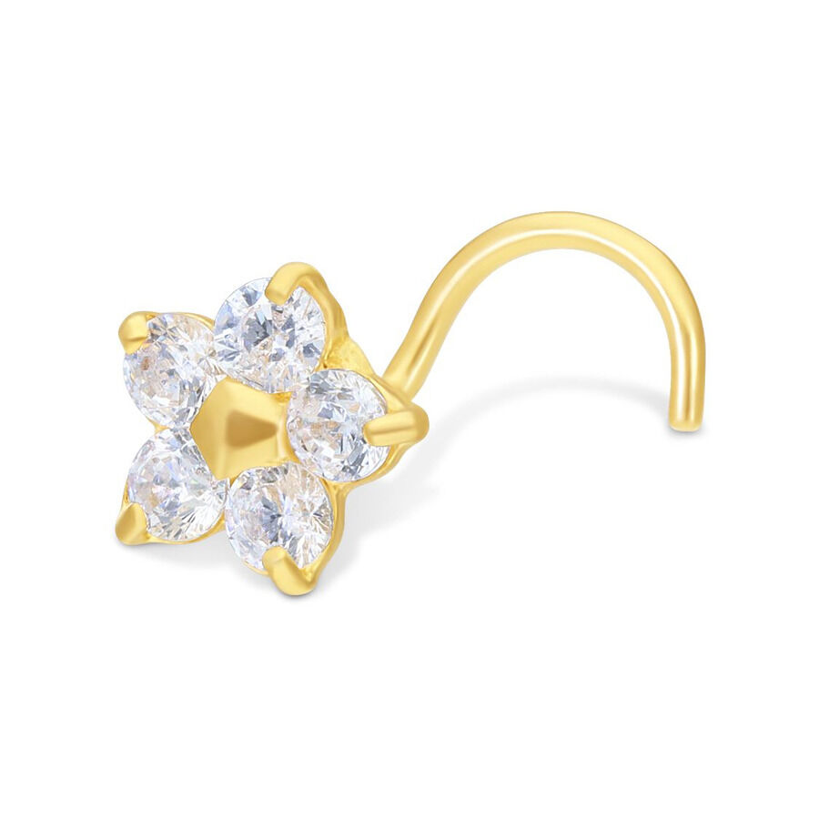 18K Gold Nasenstecker mit Kristallblume Goldener Nasenstecker mit kristallklarer Blume auf weißem Hintergrund
