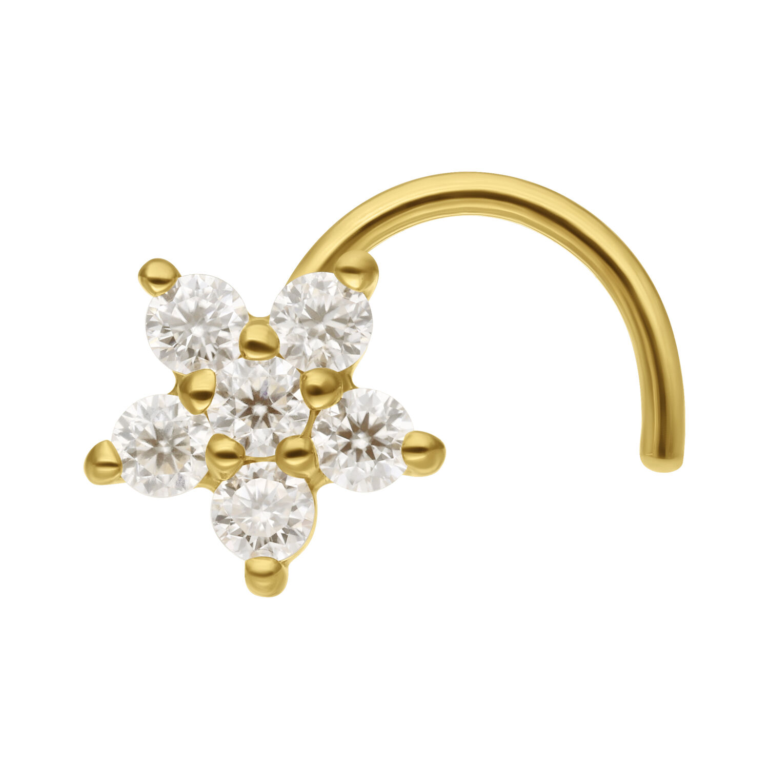 Goldener Nasenstecker mit blumenförmigem Moissanit-Design auf weißem Hintergrund