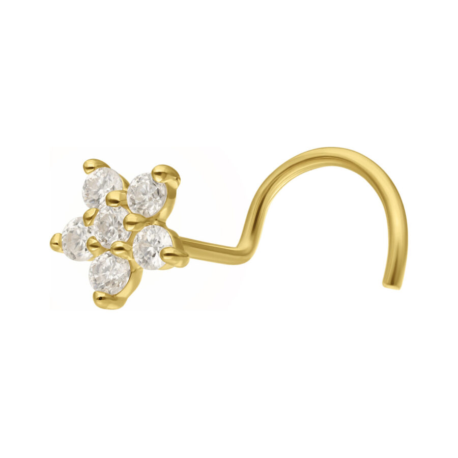 Goldener Nasenstecker mit blumenförmigem Kristall-Design auf weißem Hintergrund