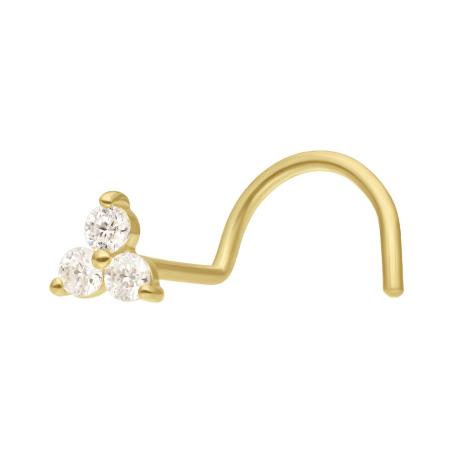Goldener Nasenstecker mit drei klaren Moissanit-Steinen auf weißem Hintergrund
