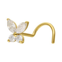 14K Gold Nasenstecker Schmetterling Moissanit 14K Gold Nasenstecker in Schmetterlingsform mit klaren Moissanitkristallen auf weißem Hintergrund
