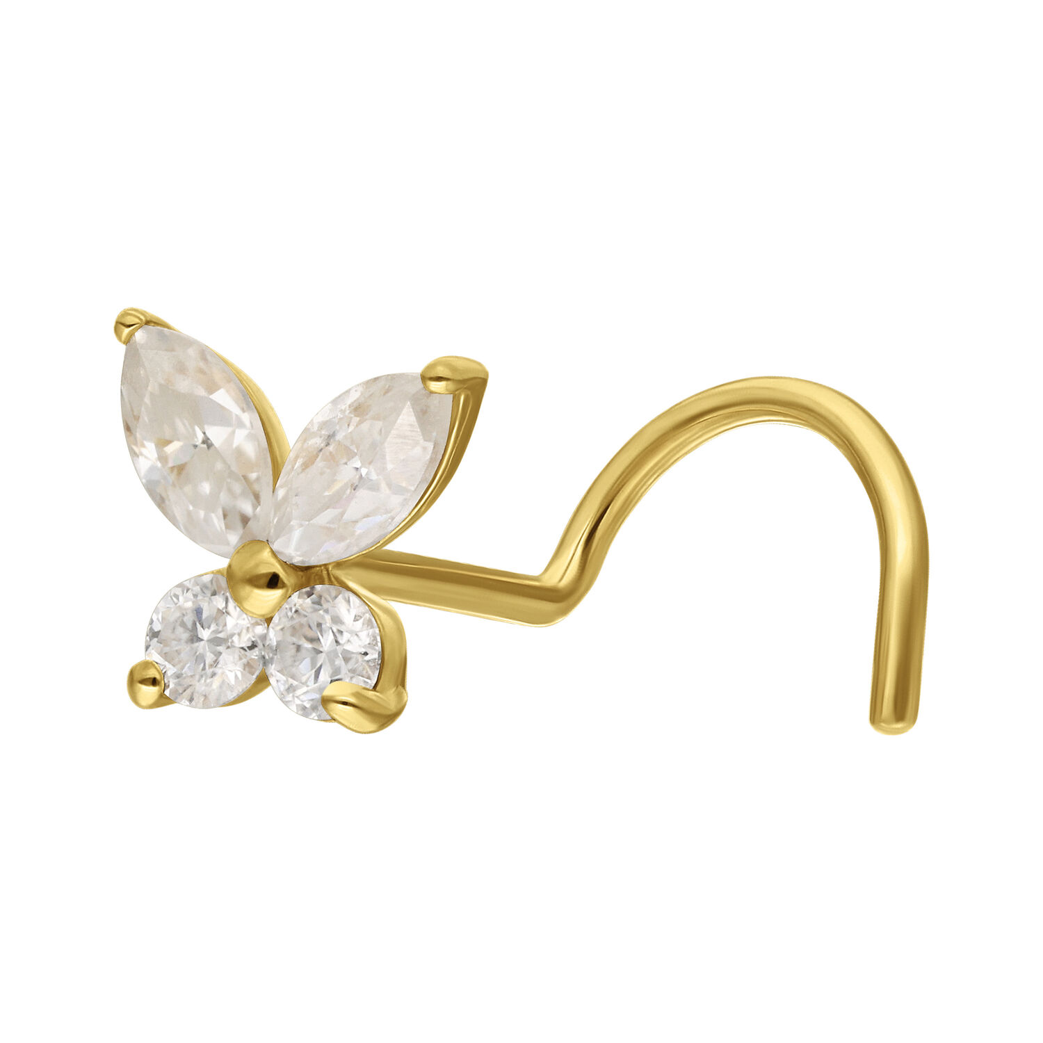 14K Gold Nasenstecker Schmetterling Moissanit 14K Gold Nasenstecker in Schmetterlingsform mit klaren Moissanitkristallen auf weißem Hintergrund