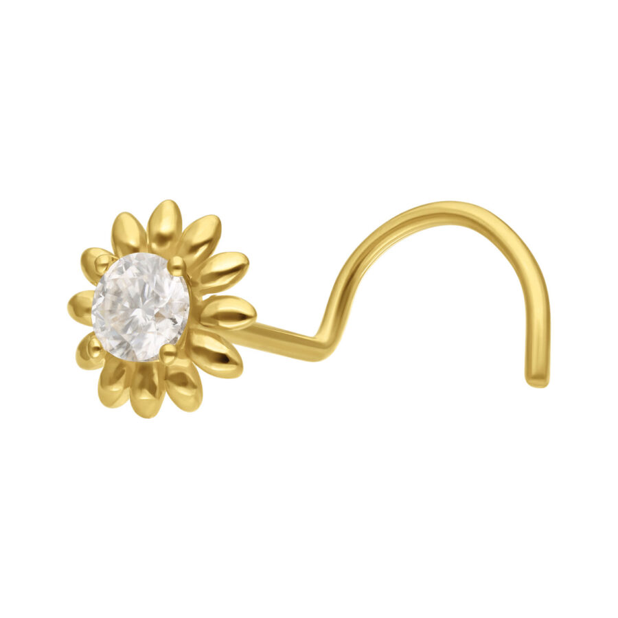 Goldener Nasenstecker mit Sonnenblumendesign und klarer Moissanit auf weißem Hintergrund