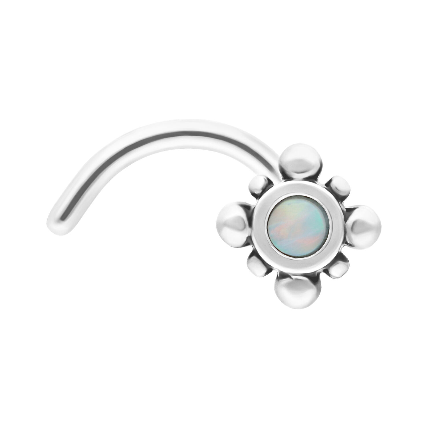 Oriental Nasenstecker mit weißem Opal Kleiner Nasenstecker aus Chirurgenstahl mit weißem, synthetischem Opal auf weißem Hintergrund