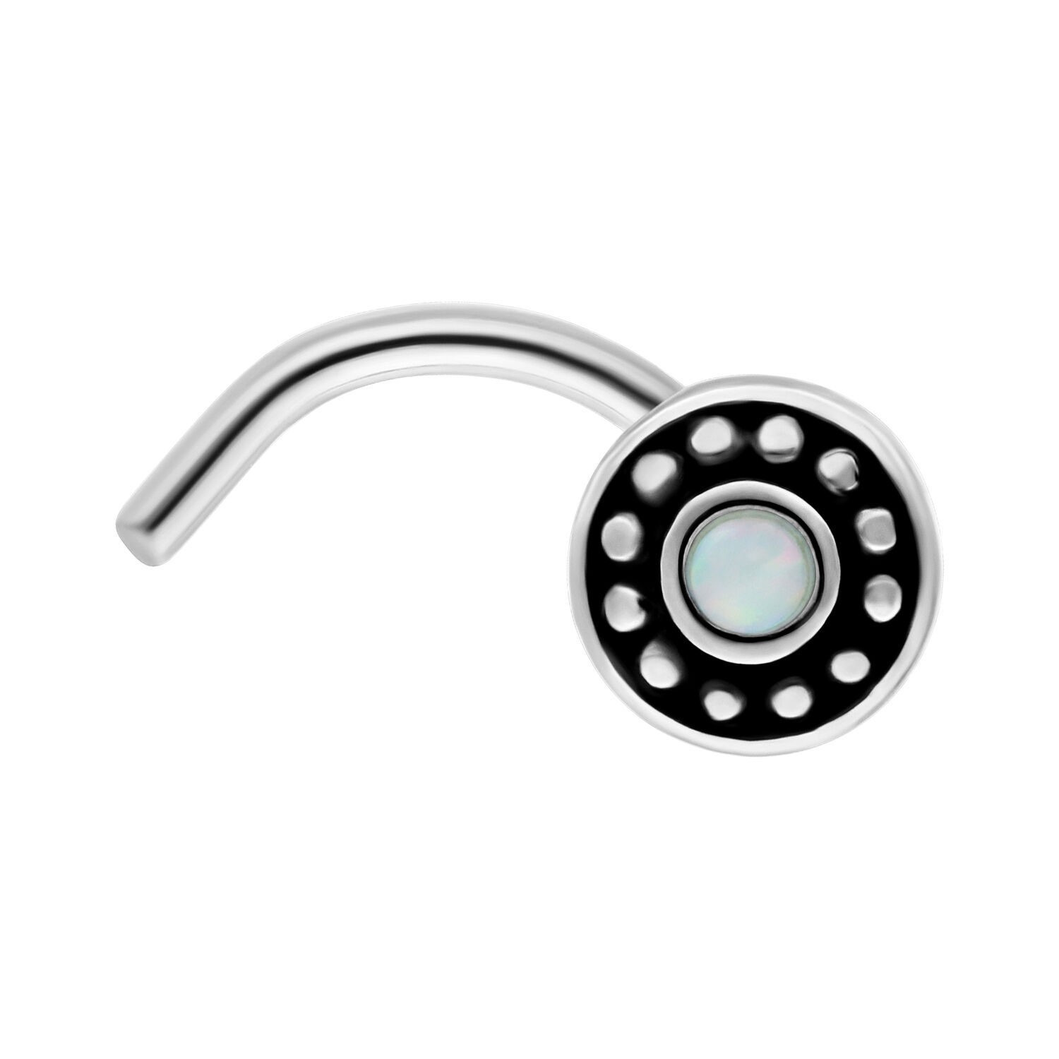 Nasenstecker aus Chirurgenstahl mit weißem Opal Nasenstecker aus Chirurgenstahl mit synthetischem weißen Opal, gebogene Form