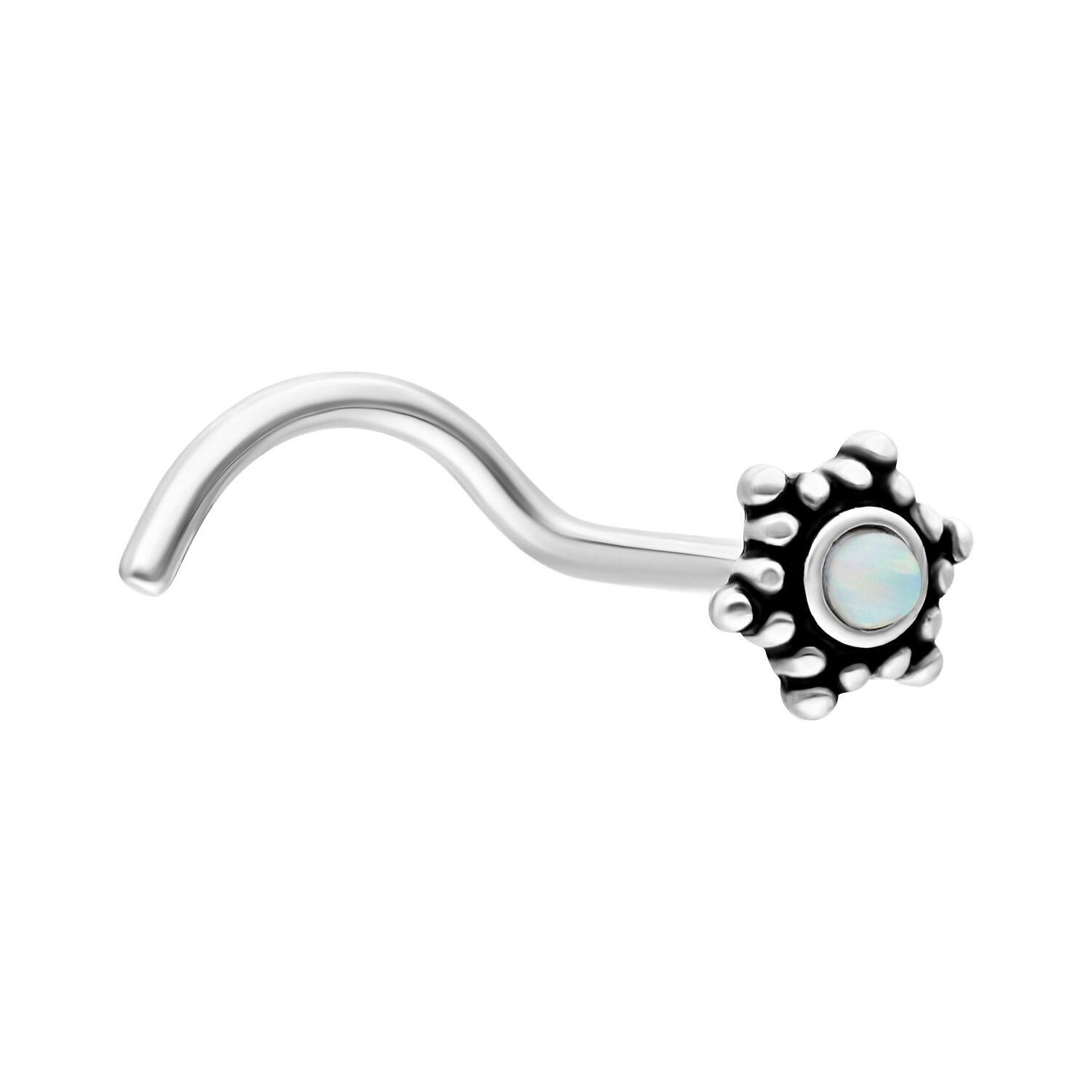 Blumen-Nasenstecker mit weißem Opal, silber Silberner Nasenstecker in Blumenform mit weißem Opal auf weißem Hintergrund